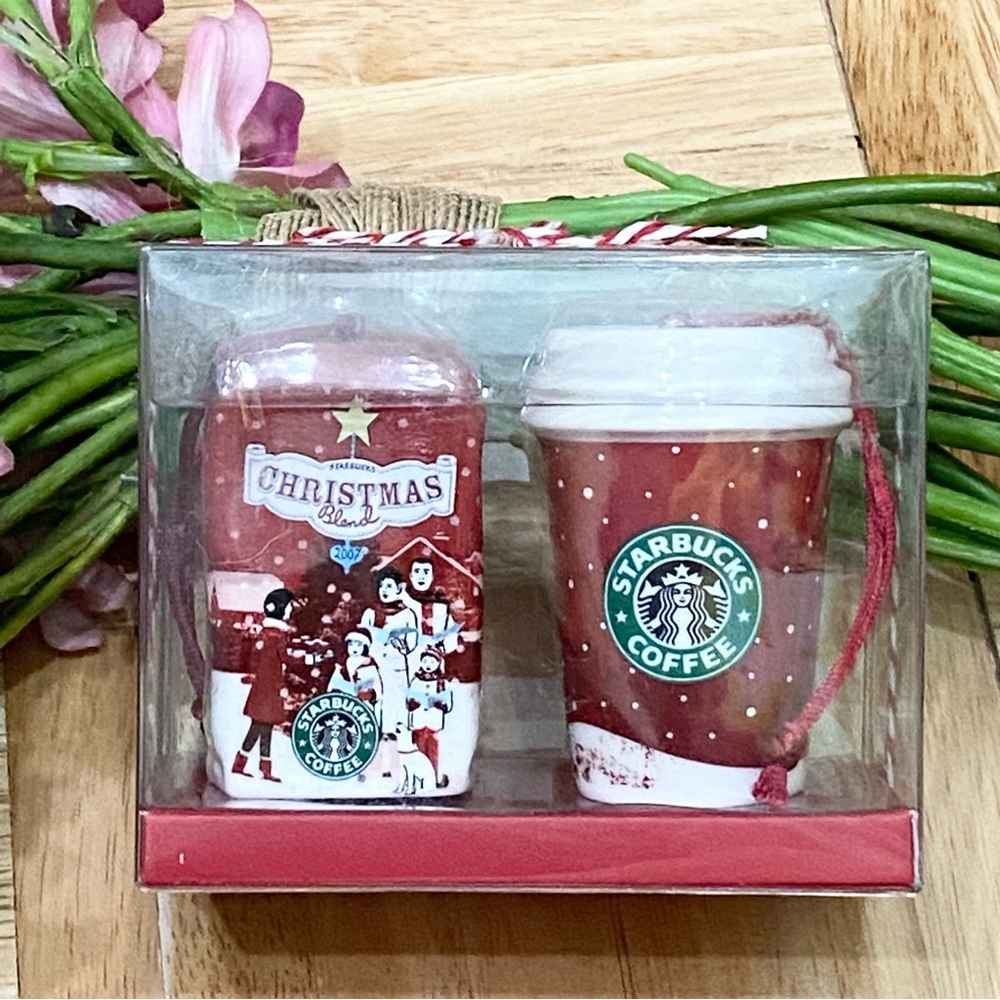 2007 STARBUCKS Miniature Ceramic Holiday Ornament Set
